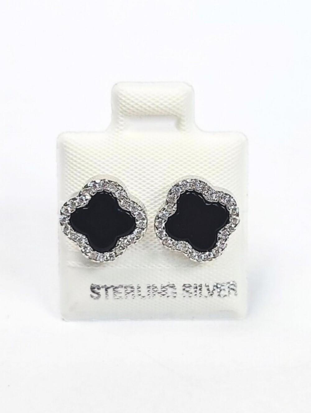 Black Clover Insp CZ Stud Earring Flower 4-Leaf 925 Sterling Silver Rhodium 11mm